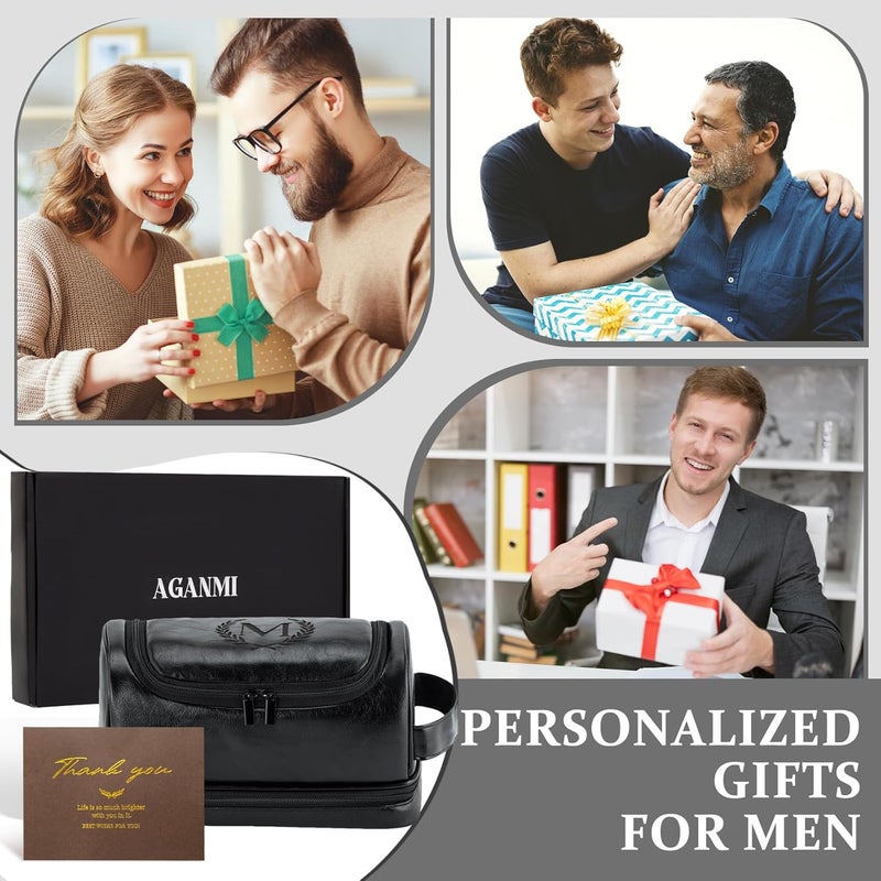 Aganmi Personalized Christmas Birthday Gifts Toiletry Bag for Men Dad Husband, Custom Initial PU Leather Waterproof Toiletry Organizer Dopp Kit Shaving Bag Travel Essential for Men, Black J - Image 2